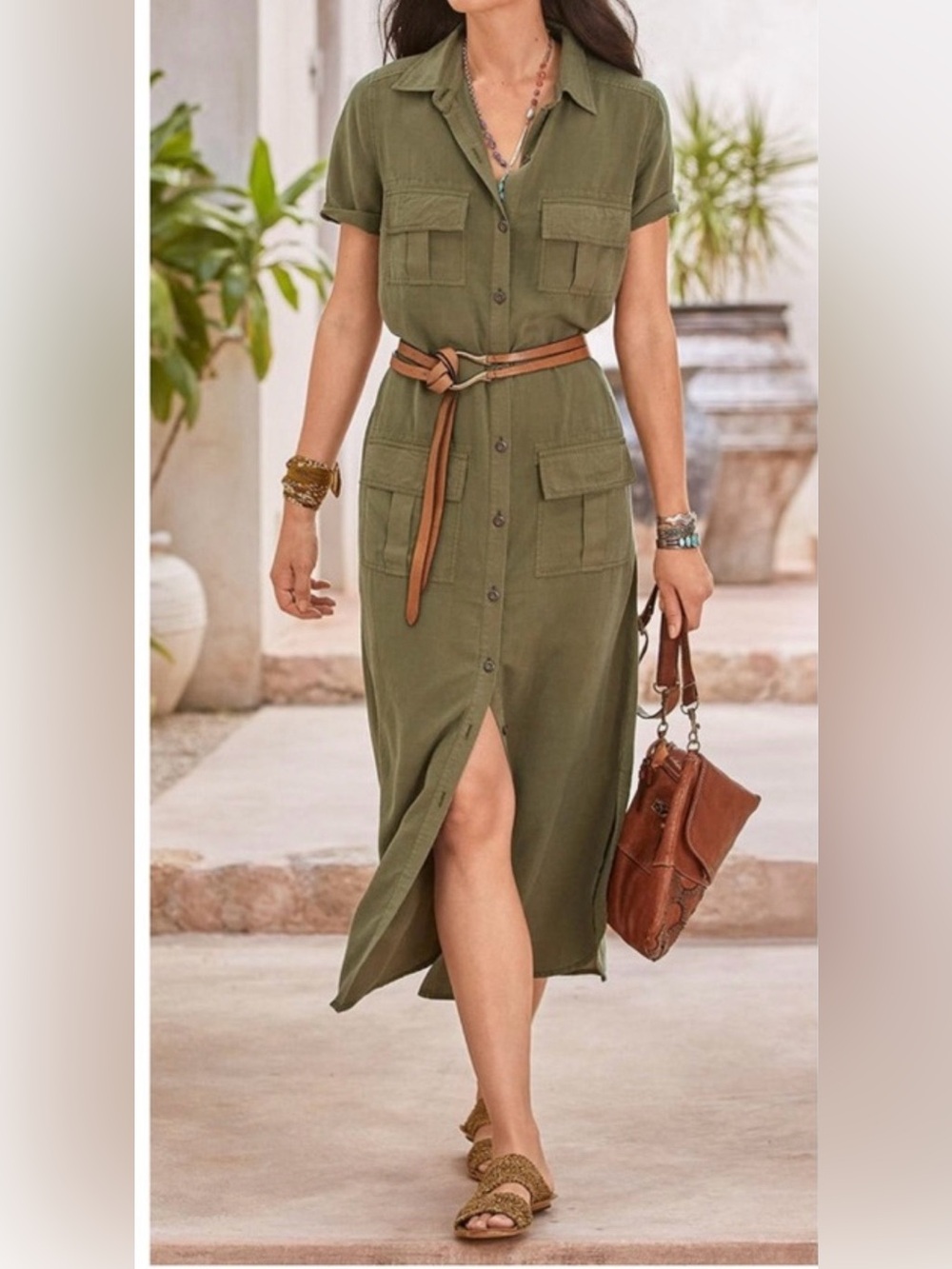 Sundance Haley Olive Green Button-Front Midi Dress